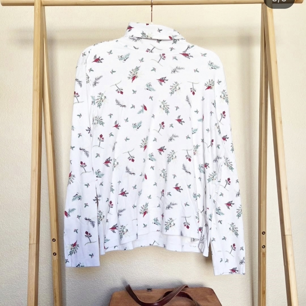 Long Sleeve Turtleneck, Winter Greenery And Red Cardinal
